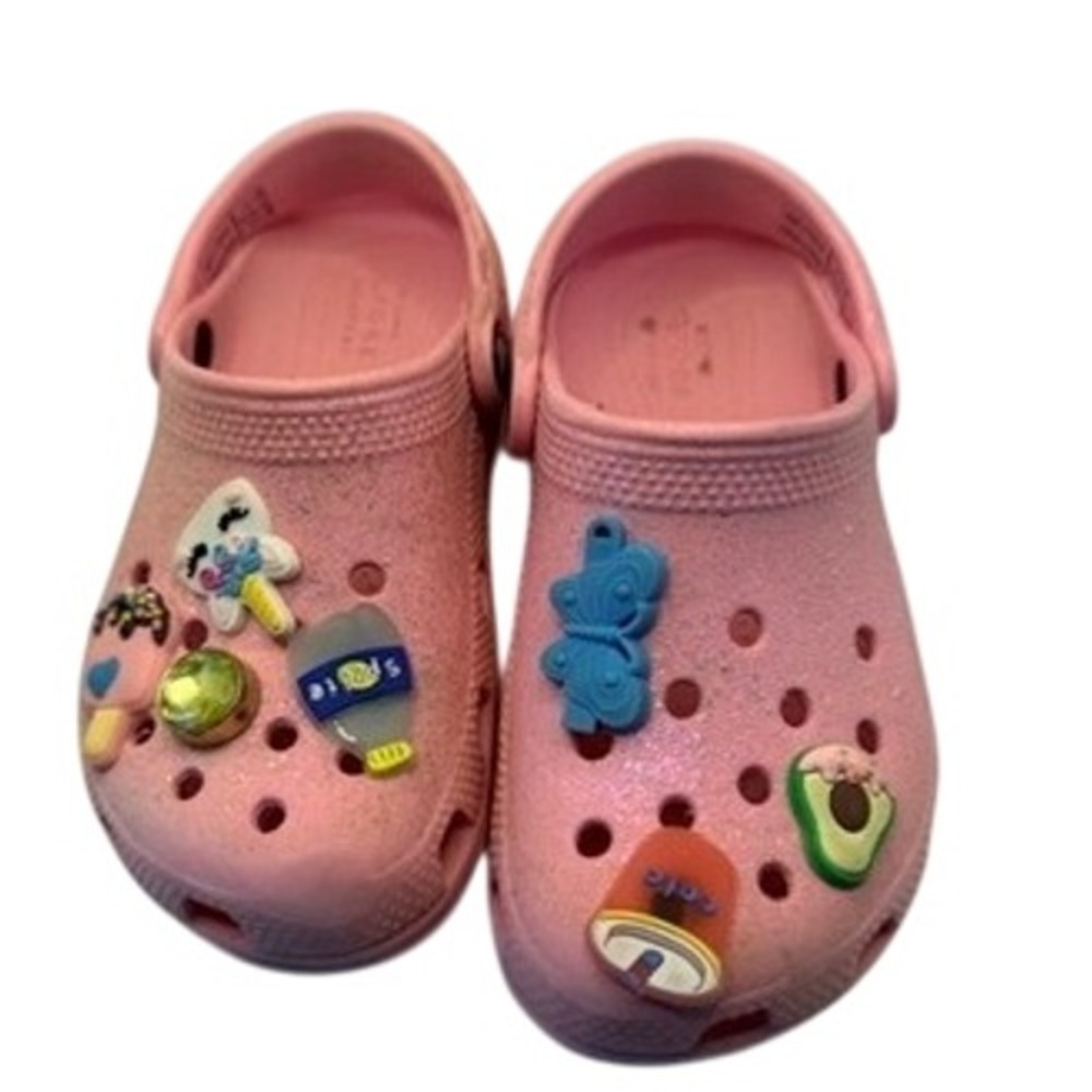 Crocs Kids Pink Glitter Classic Clogs with Charms Size C12 Sparkly Slip On Shoes